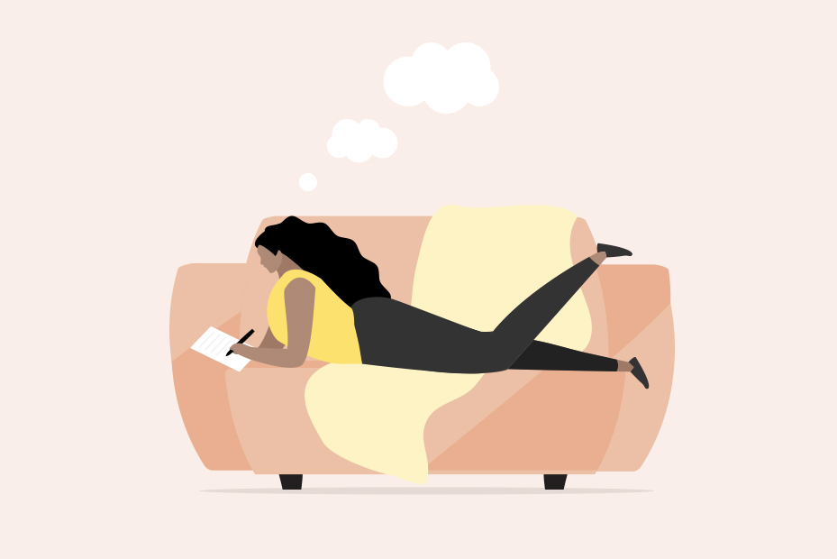 illustration of woman on couch journaling